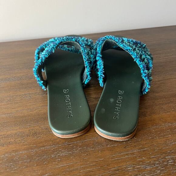 Rothy’s Woman’s Teal Blue Print Slip On Fringe Triple Band Sandal- Size 8.5 - Picture 3 of 10